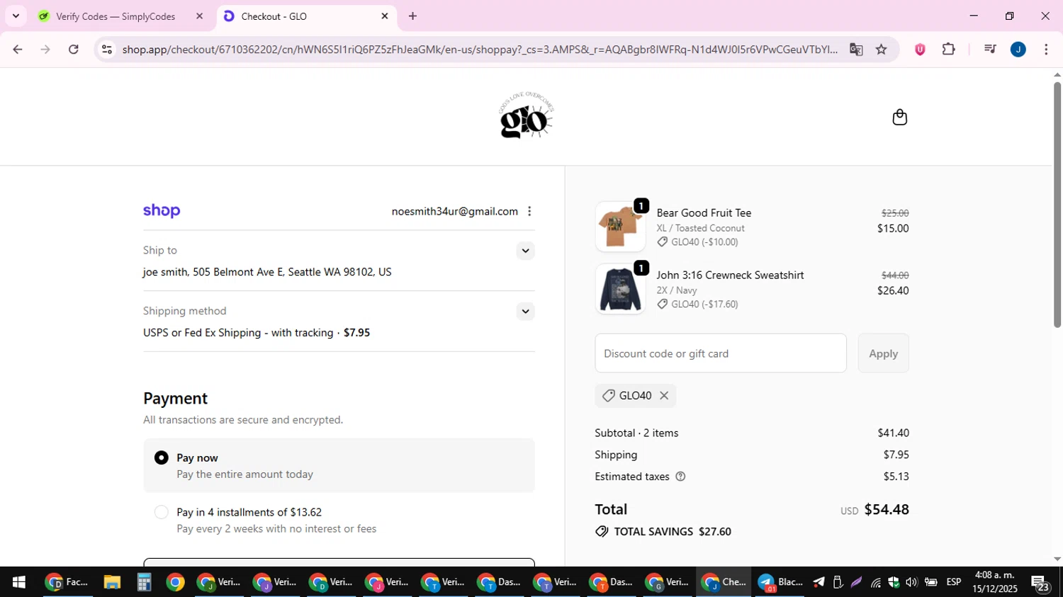God's Love Overcomes promo code screenshot showing code GLO40 applied at God's Love Overcomes checkout page. Uploaded by SimplyCodes community member noesmith34ur on Dec 15, 2025