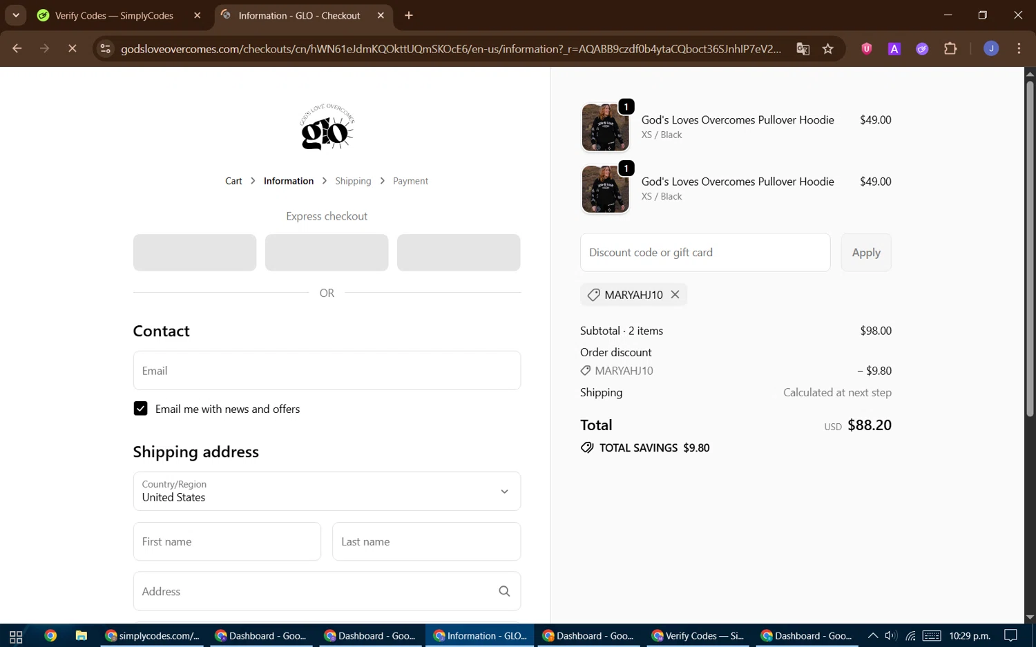 God's Love Overcomes promo code screenshot showing code maryahj10 applied at God's Love Overcomes checkout page. Uploaded by SimplyCodes community member DealFinder1711 on Dec 4, 2025