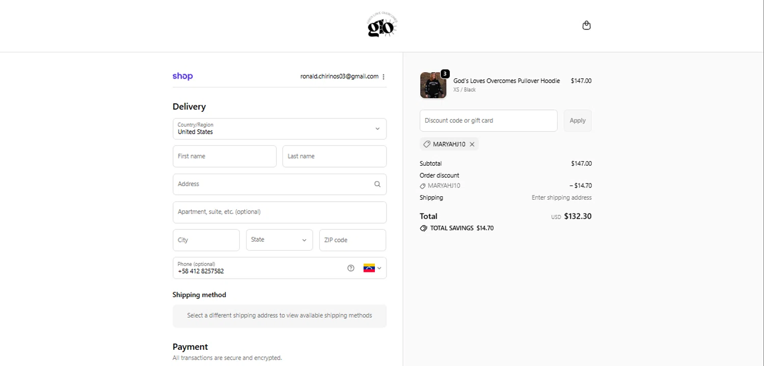 God's Love Overcomes promo code screenshot showing code maryahj10 applied at God's Love Overcomes checkout page. Uploaded by SimplyCodes community member Ronita_832988044 on Oct 26, 2025