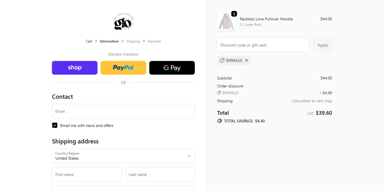 God's Love Overcomes checkout page showing God's Love Overcomes promo code box | Screenshot taken by SimplyCodes community member on Jan 1, 2026