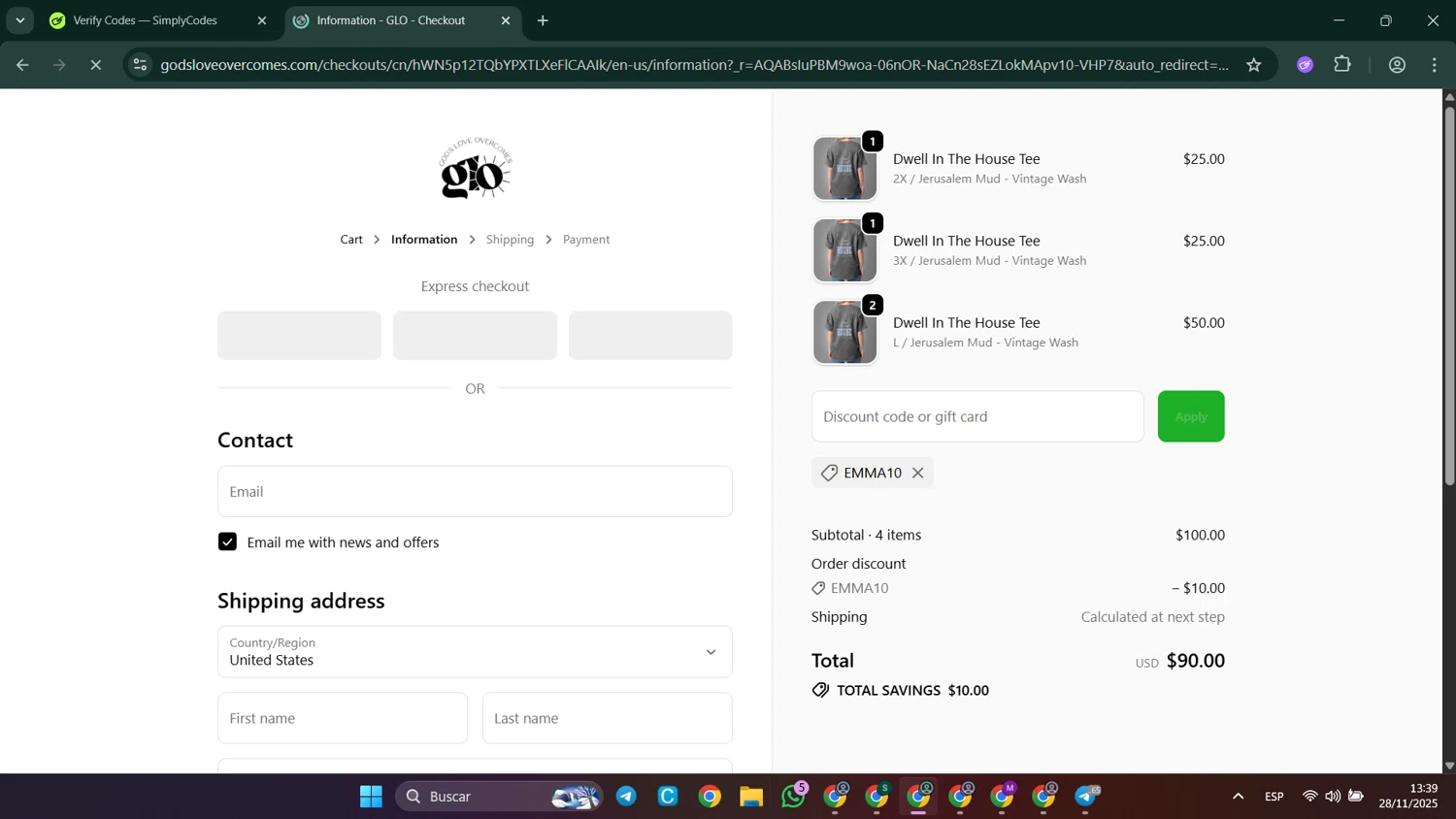 God's Love Overcomes promo code screenshot showing code emma10 applied at God's Love Overcomes checkout page. Uploaded by SimplyCodes community member LuckyElite8069 on Nov 28, 2025