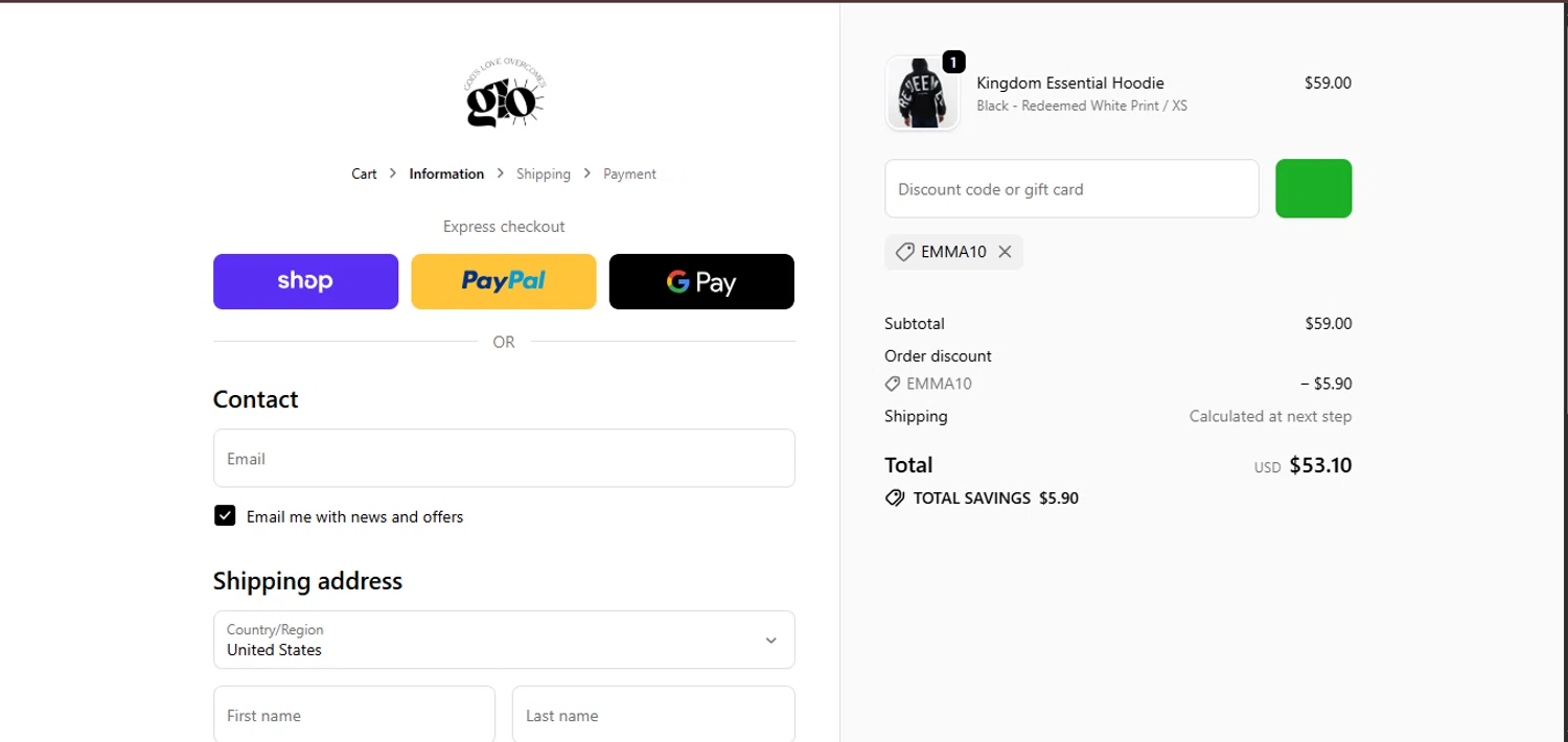 God's Love Overcomes promo code screenshot showing code emma10 applied at God's Love Overcomes checkout page. Uploaded by SimplyCodes community member juanisaac on Jan 1, 2026