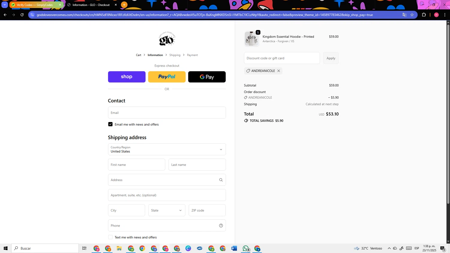 God's Love Overcomes promo code screenshot showing code ANDREANICOLE applied at God's Love Overcomes checkout page. Uploaded by SimplyCodes community member TokenSleuth5758 on Nov 23, 2025