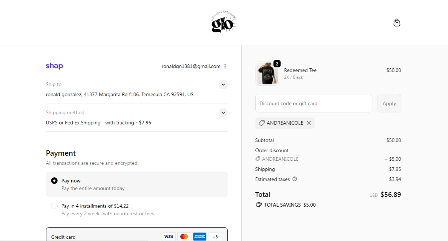 God's Love Overcomes promo code screenshot showing code ANDREANICOLE applied at God's Love Overcomes checkout page. Uploaded by SimplyCodes community member Yuskecoder426913 on Nov 23, 2025