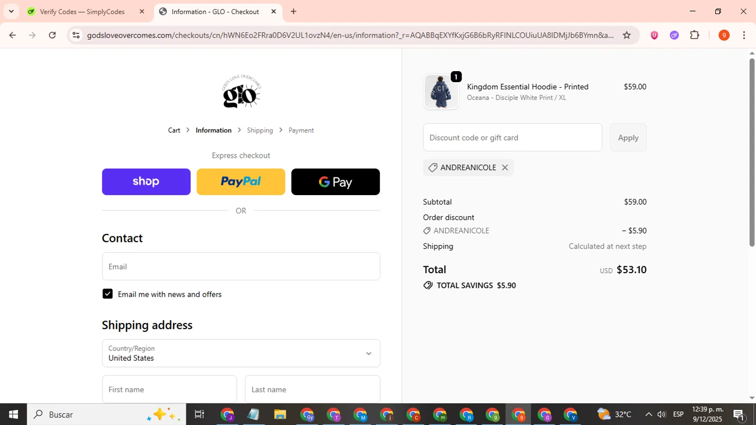 God's Love Overcomes promo code screenshot showing code ANDREANICOLE applied at God's Love Overcomes checkout page. Uploaded by SimplyCodes community member toniokroos on Dec 9, 2025