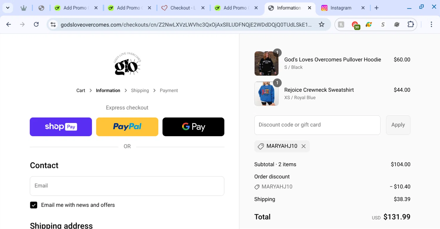 God's Love Overcomes promo code screenshot showing code maryahj10 applied at God's Love Overcomes checkout page. Uploaded by SimplyCodes community member KarinaHZ on Jun 25, 2025