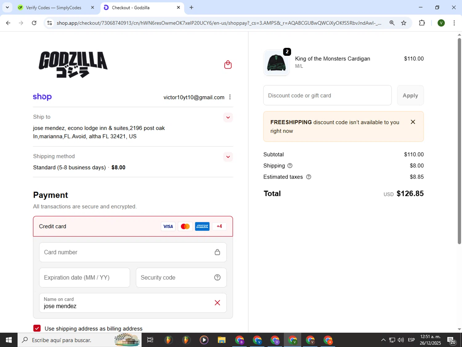 Godzilla promo code screenshot showing code FREESHIPPING applied at Godzilla checkout page. Uploaded by SimplyCodes community member PrimeWizard4168 on Dec 26, 2025