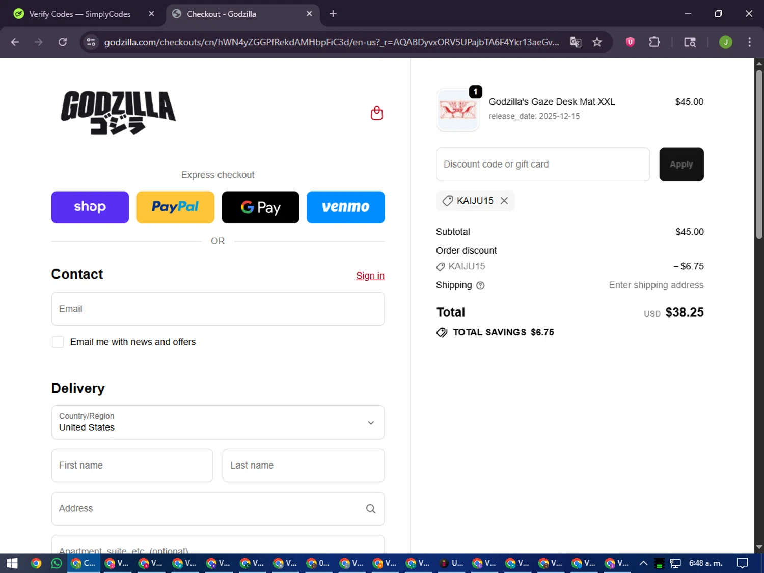 Godzilla promo code screenshot showing code KAIJU15 applied at Godzilla checkout page. Uploaded by SimplyCodes community member LilBaby on Nov 6, 2025