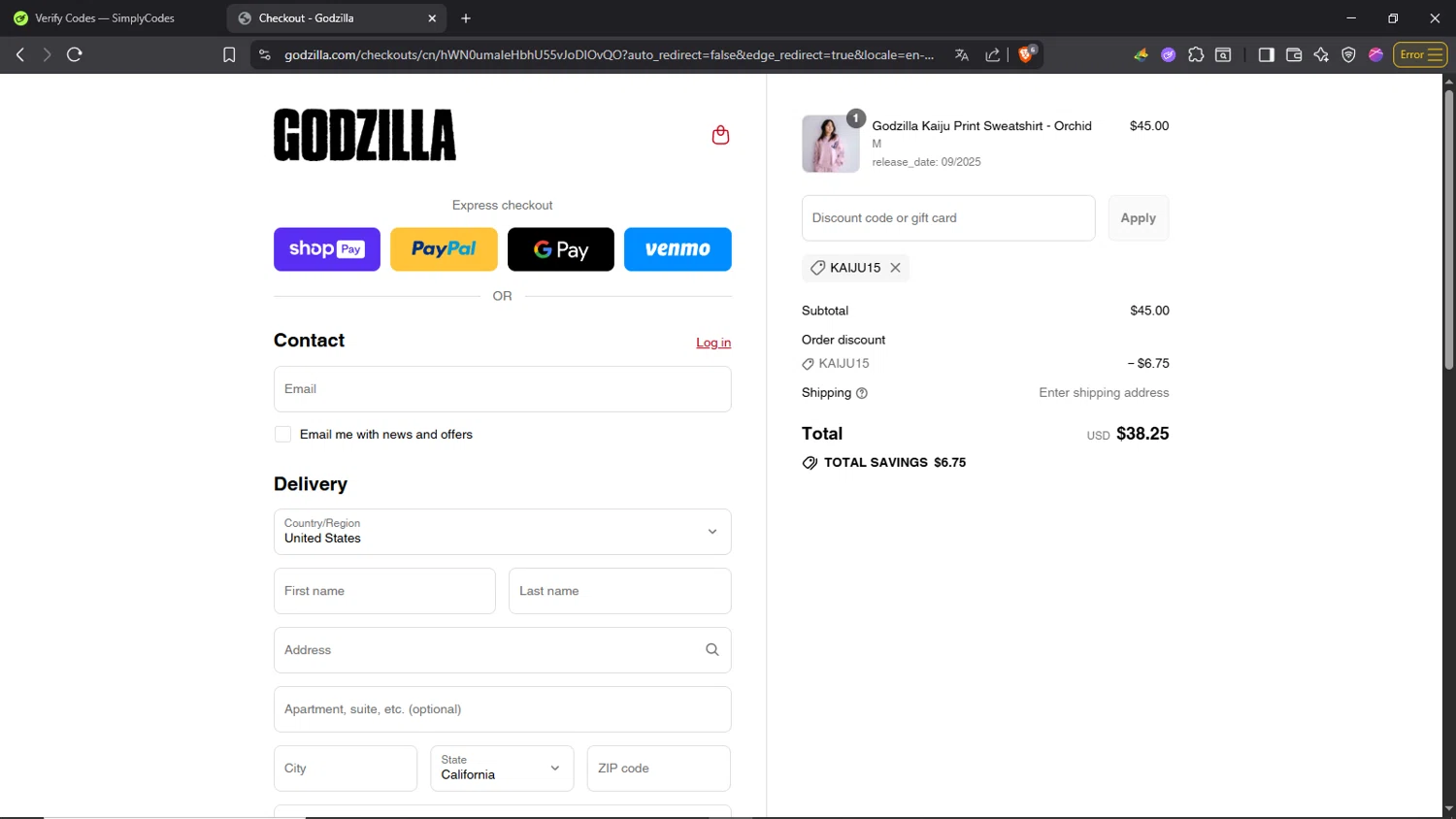 Godzilla promo code screenshot showing code KAIJU15 applied at Godzilla checkout page. Uploaded by SimplyCodes community member Morrachida04 on Jul 22, 2025
