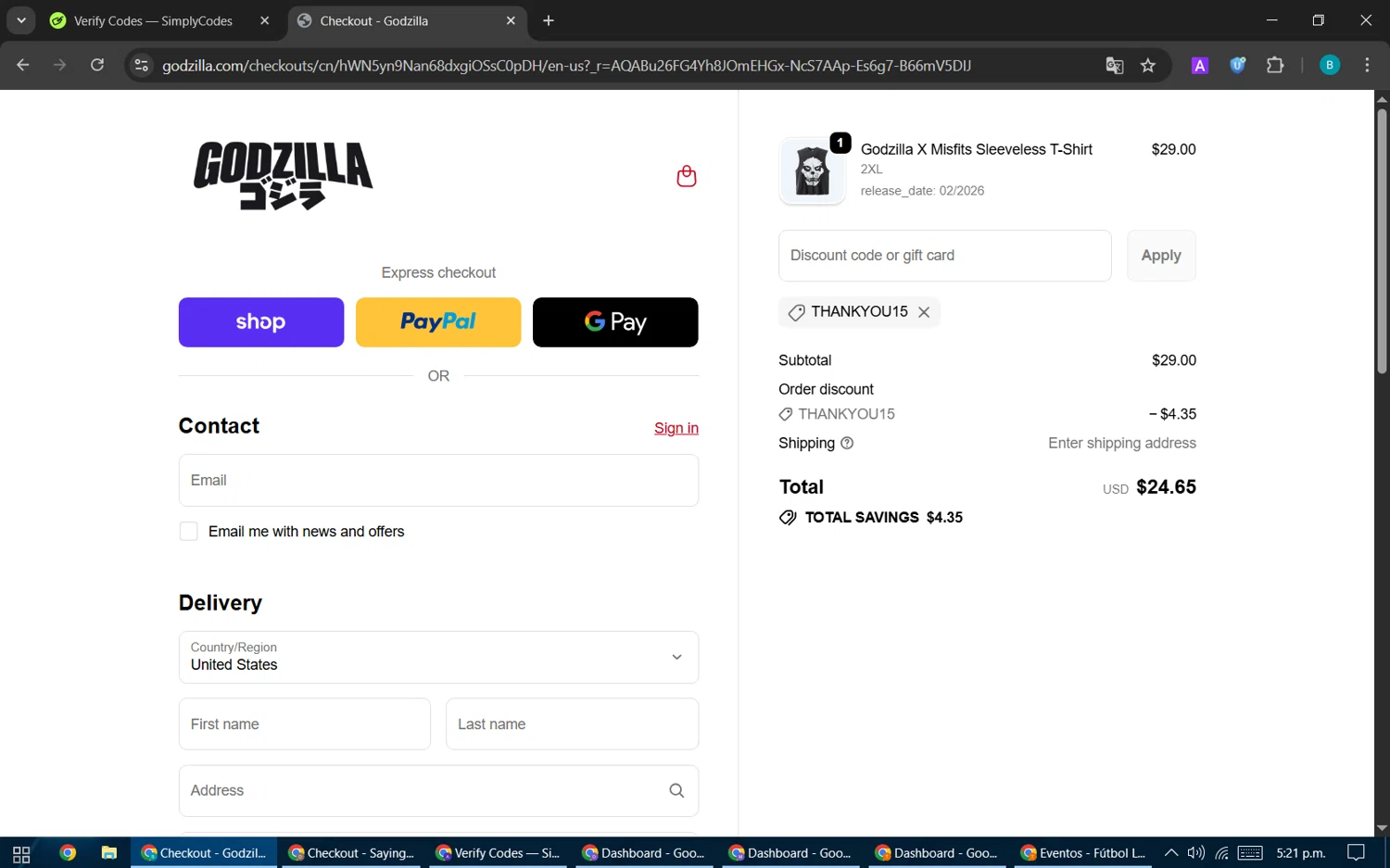 Godzilla promo code screenshot showing code THANKYOU15 applied at Godzilla checkout page. Uploaded by SimplyCodes community member CleverPilot5845 on Dec 2, 2025