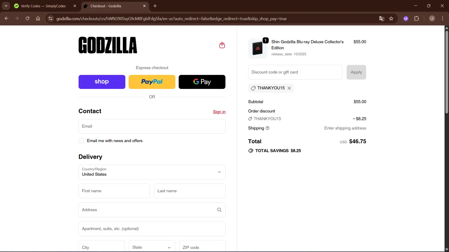 Godzilla promo code screenshot showing code THANKYOU15 applied at Godzilla checkout page. Uploaded by SimplyCodes community member WisePro3955 on Sep 19, 2025