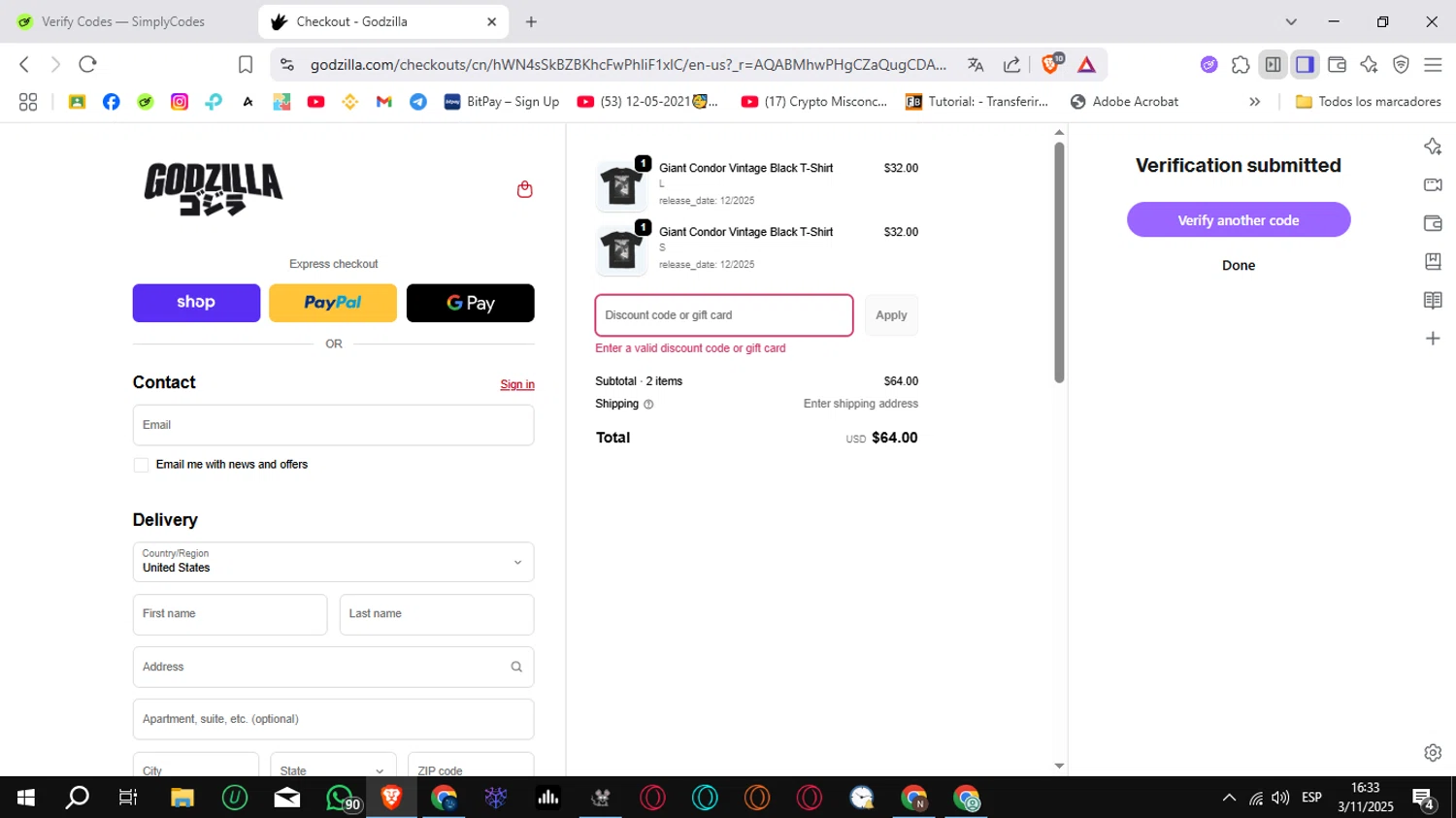 Godzilla promo code screenshot showing code GODZILLADAY applied at Godzilla checkout page. Uploaded by SimplyCodes community member Sungjinwoo on Nov 3, 2025