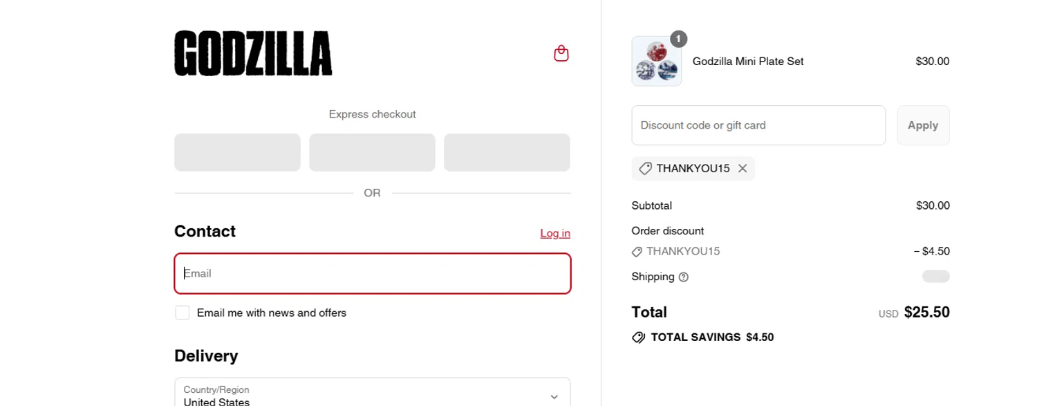 Godzilla promo code screenshot showing code THANKYOU15 applied at Godzilla checkout page. Uploaded by SimplyCodes community member ashe1986 on Jul 22, 2025