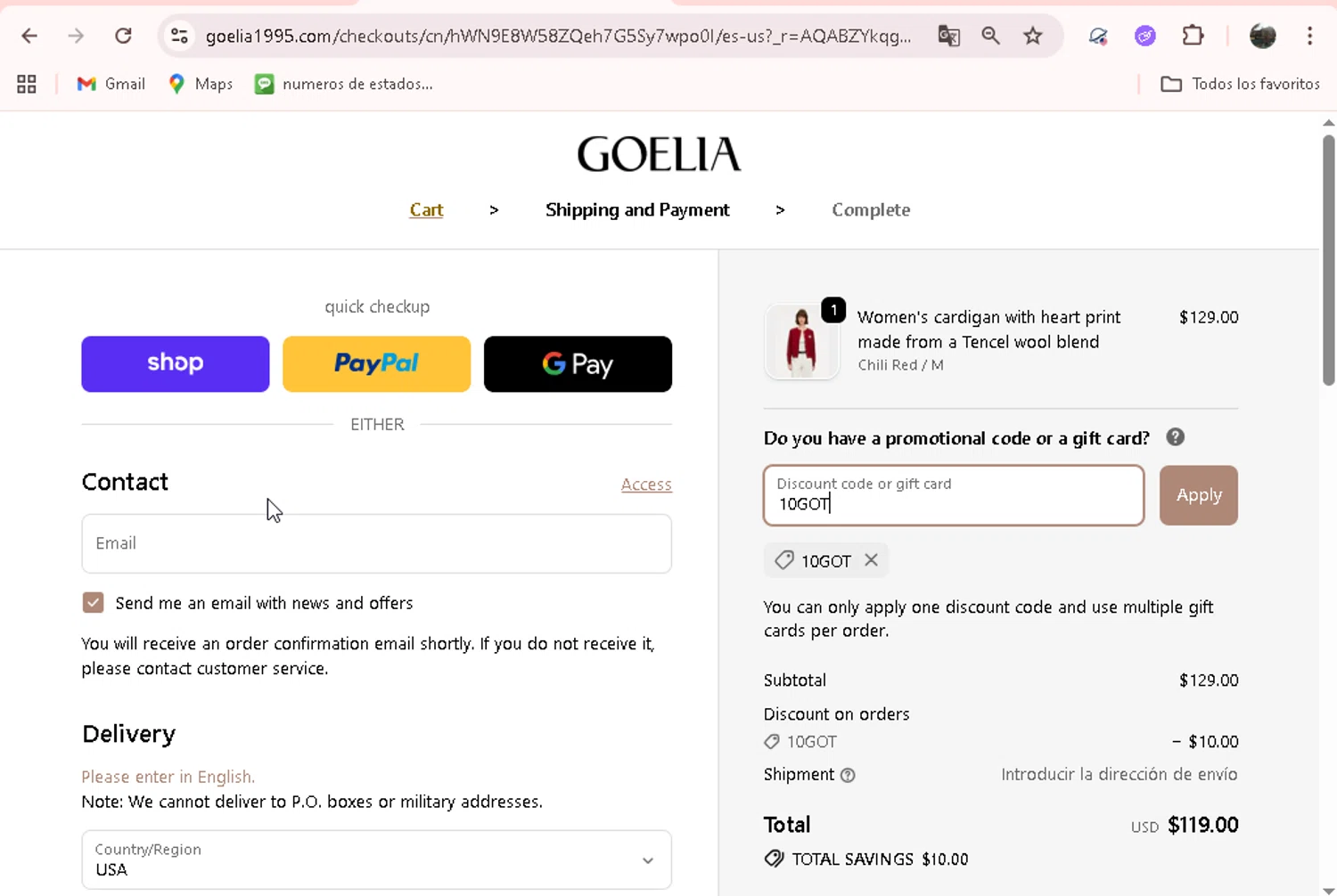 Goelia checkout page showing Goelia promo code box | Screenshot taken by SimplyCodes community member on Feb 26, 2026