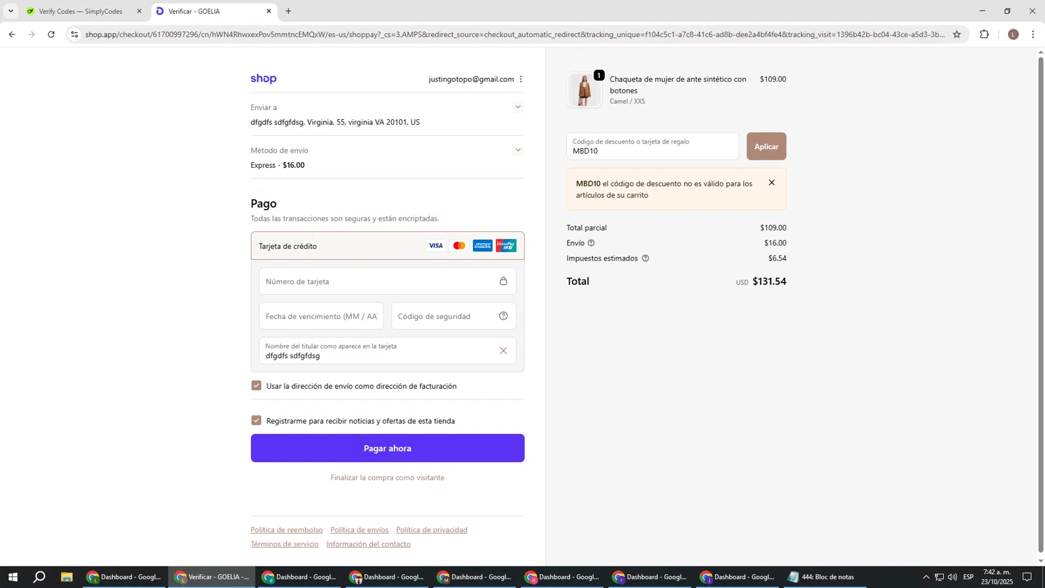 Goelia promo code screenshot showing code MBD10 applied at Goelia checkout page. Uploaded by SimplyCodes community member BENELLI on Oct 23, 2025