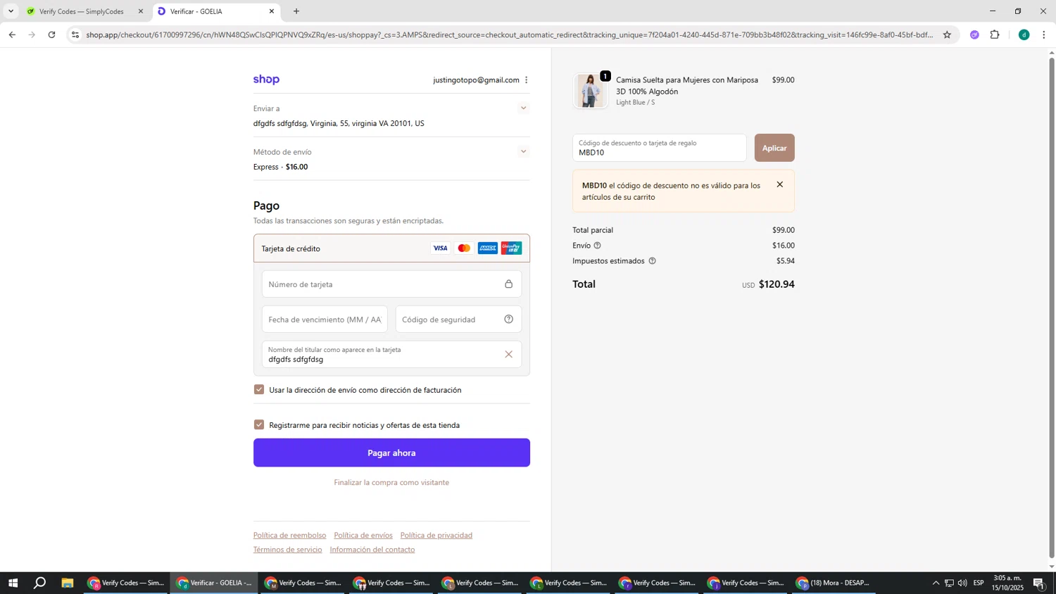Goelia promo code screenshot showing code MBD10 applied at Goelia checkout page. Uploaded by SimplyCodes community member HEROESCUDA on Oct 15, 2025