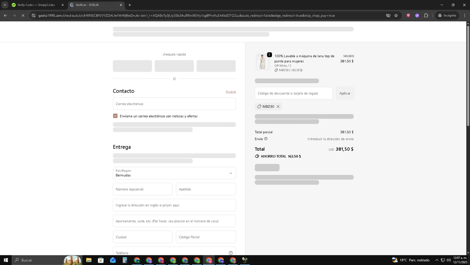 Goelia promo code screenshot showing code MBD30 applied at Goelia checkout page. Uploaded by SimplyCodes community member CBR600 on Nov 12, 2025