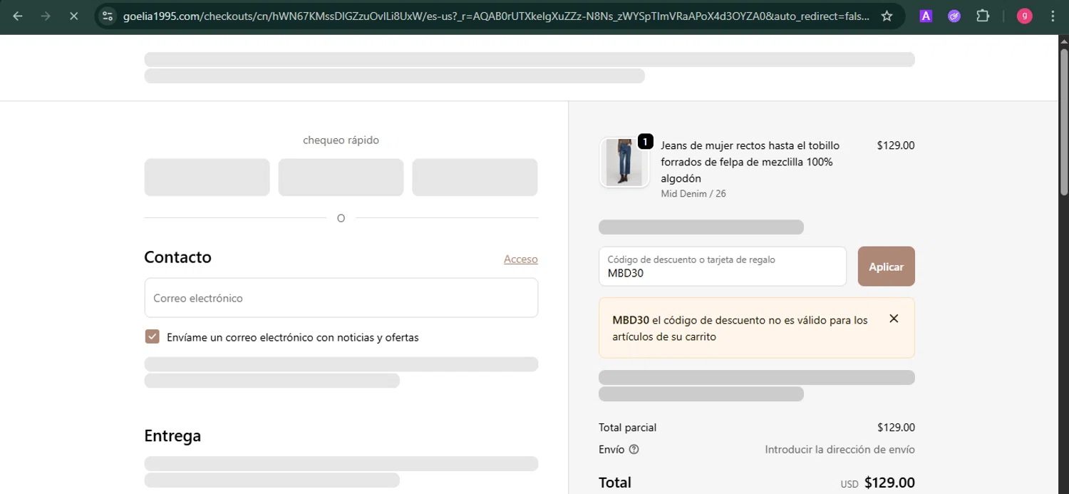 Goelia promo code screenshot showing code MBD30 applied at Goelia checkout page. Uploaded by SimplyCodes community member MoneyFalcon481 on Dec 6, 2025