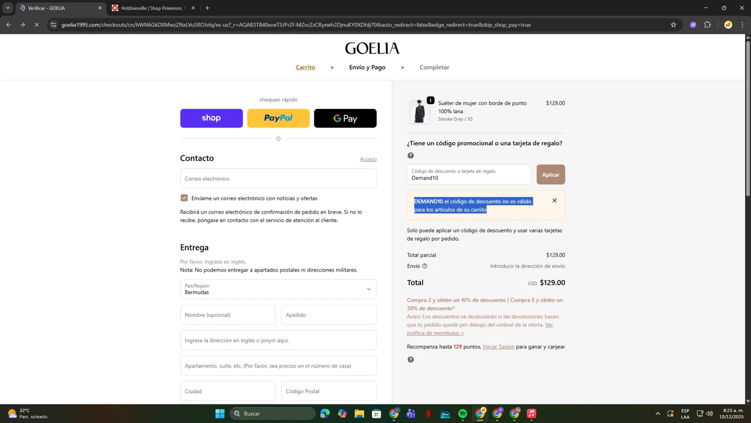 Goelia promo code screenshot showing code Demand10 applied at Goelia checkout page. Uploaded by SimplyCodes community member CleverElite5084 on Dec 10, 2025