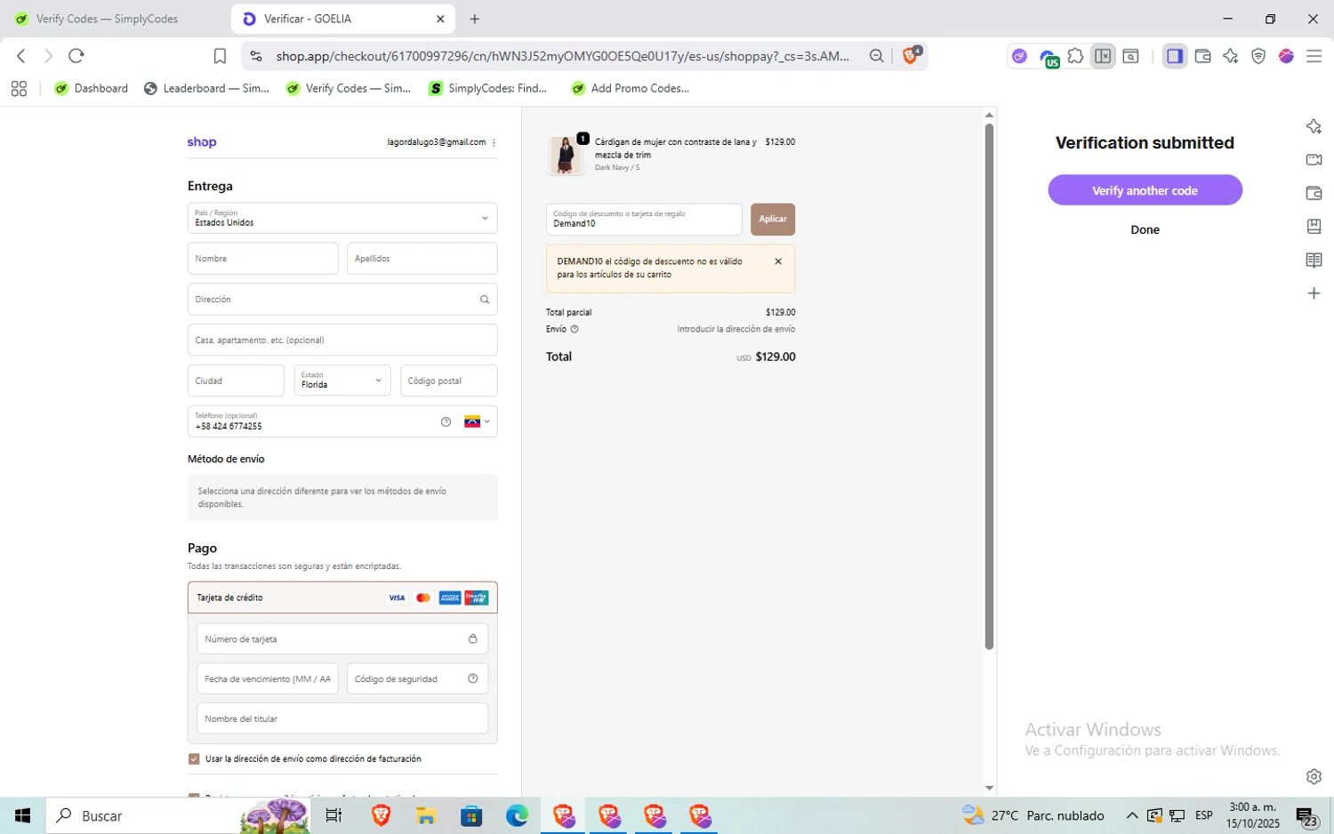 Goelia promo code screenshot showing code Demand10 applied at Goelia checkout page. Uploaded by SimplyCodes community member Rayyyyyy on Oct 15, 2025