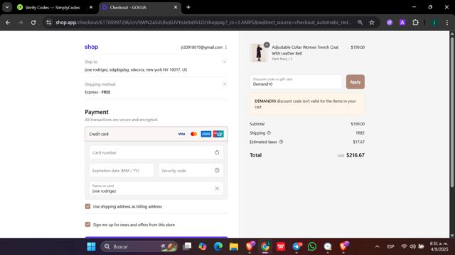 Goelia checkout page showing Goelia promo code box | Screenshot taken by SimplyCodes community member on Sep 4, 2025