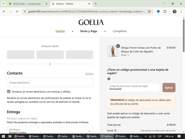 Goelia checkout page showing Goelia promo code box | Screenshot taken by SimplyCodes community member on Sep 8, 2025