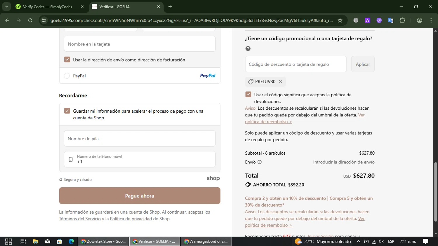 Goelia promo code screenshot showing code PRELUV30 applied at Goelia checkout page. Uploaded by SimplyCodes community member TreasureSleuth109 on Nov 28, 2025