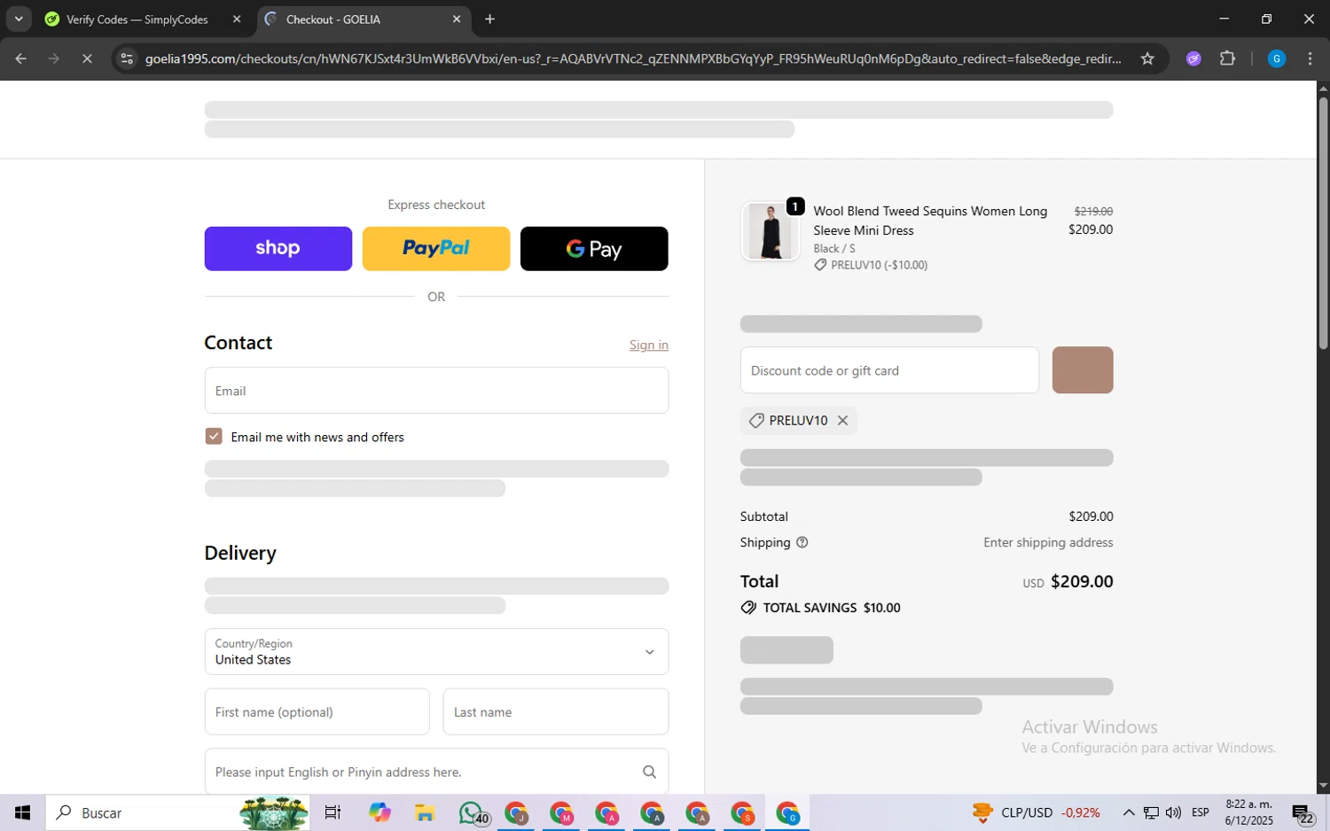 Goelia promo code screenshot showing code PRELUV10 applied at Goelia checkout page. Uploaded by SimplyCodes community member FrugalLynx8088 on Dec 6, 2025