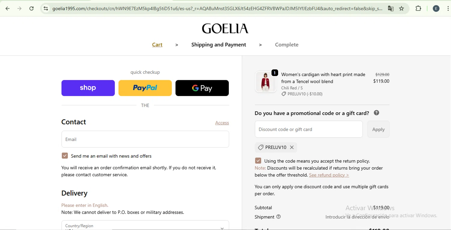 Goelia promo code screenshot showing code PRELUV10 applied at Goelia checkout page. Uploaded by SimplyCodes community member SilverKnight4465 on Feb 26, 2026