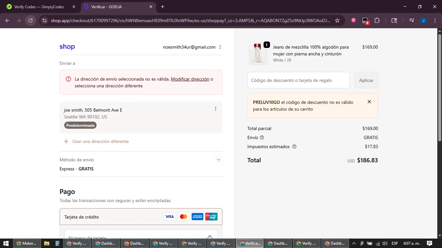 Goelia promo code screenshot showing code PRELUV10GO applied at Goelia checkout page. Uploaded by SimplyCodes community member noesmith34ur on Feb 11, 2026