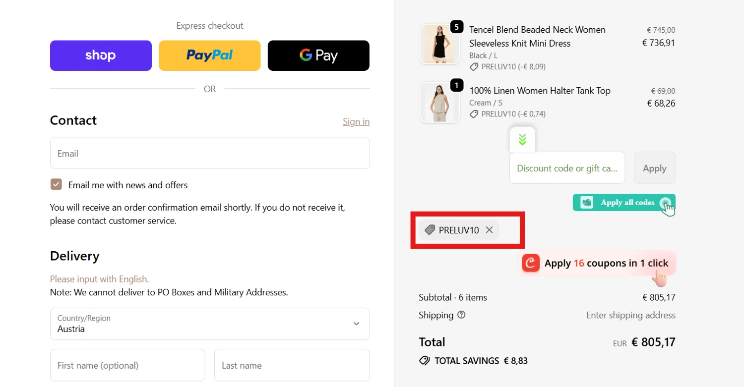 Goelia promo code screenshot showing code PRELUV10 applied at Goelia checkout page. Uploaded by SimplyCodes community member CleverSentinel4477 on Oct 14, 2025