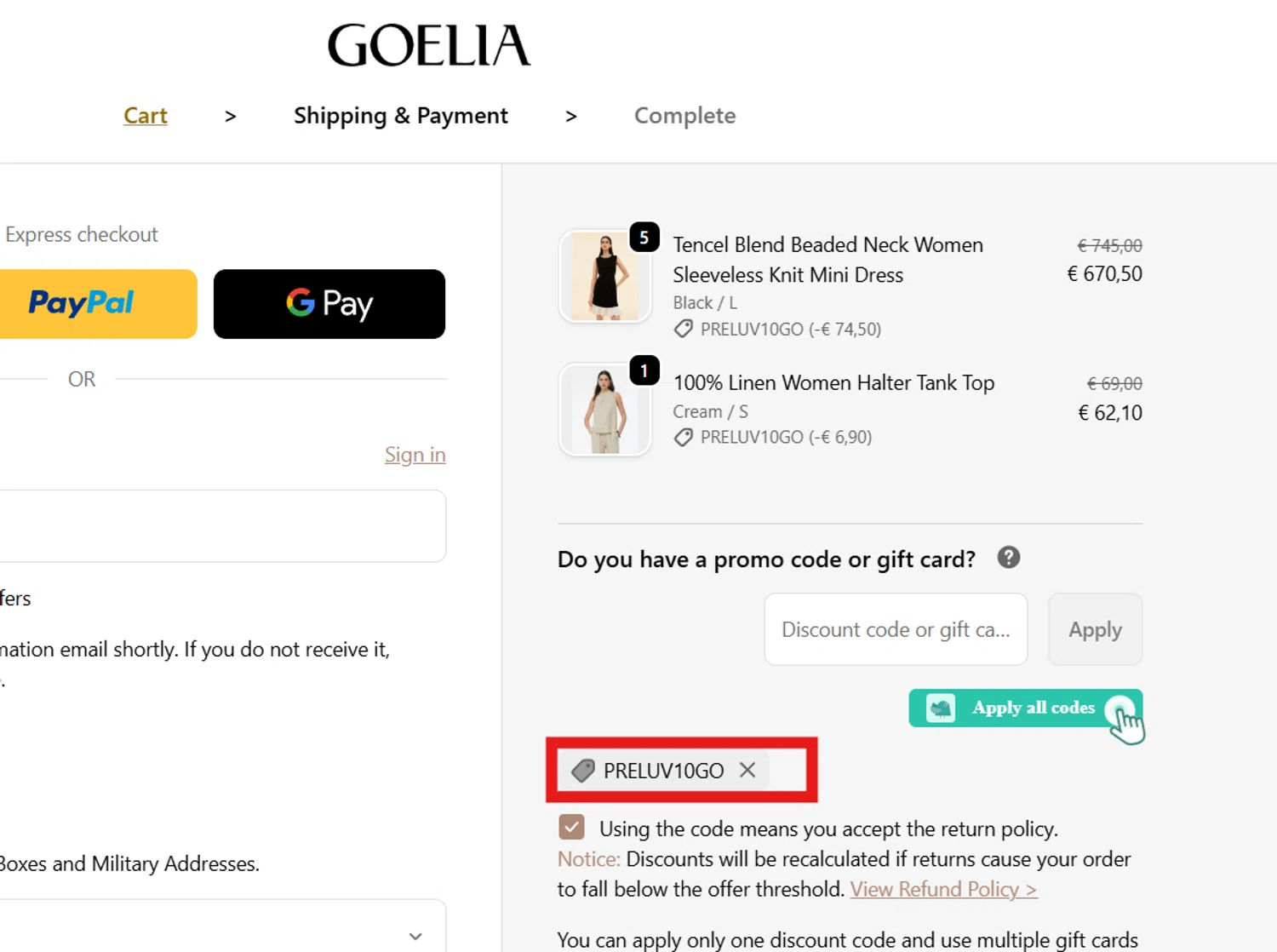 Goelia promo code screenshot showing code PRELUV10GO applied at Goelia checkout page. Uploaded by SimplyCodes community member CleverSentinel4477 on Nov 18, 2025