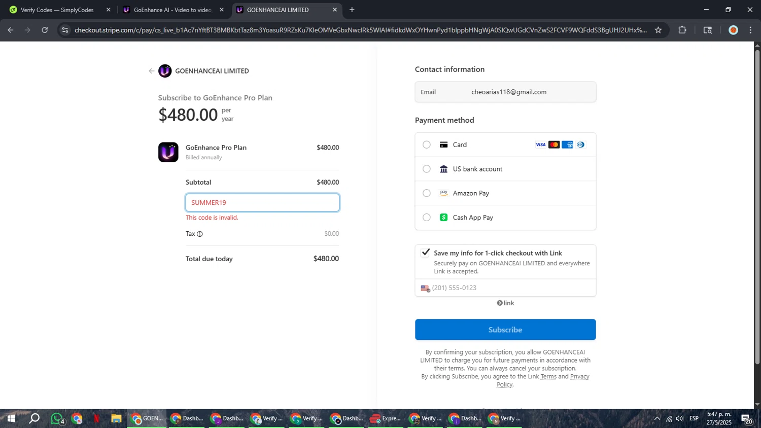 GoEnhance AI promo code screenshot showing code SUMMER19 applied at GoEnhance AI checkout page. Uploaded by SimplyCodes community member BonusCaptain9927 on May 27, 2025