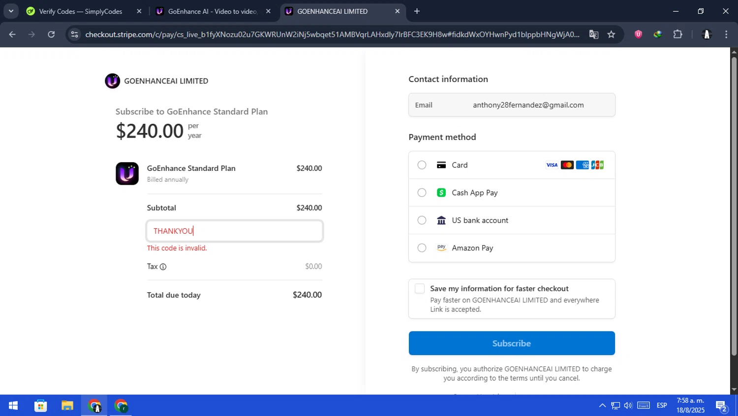 GoEnhance AI promo code screenshot showing code THANKYOU applied at GoEnhance AI checkout page. Uploaded by SimplyCodes community member ScanFalcon6148 on Aug 18, 2025
