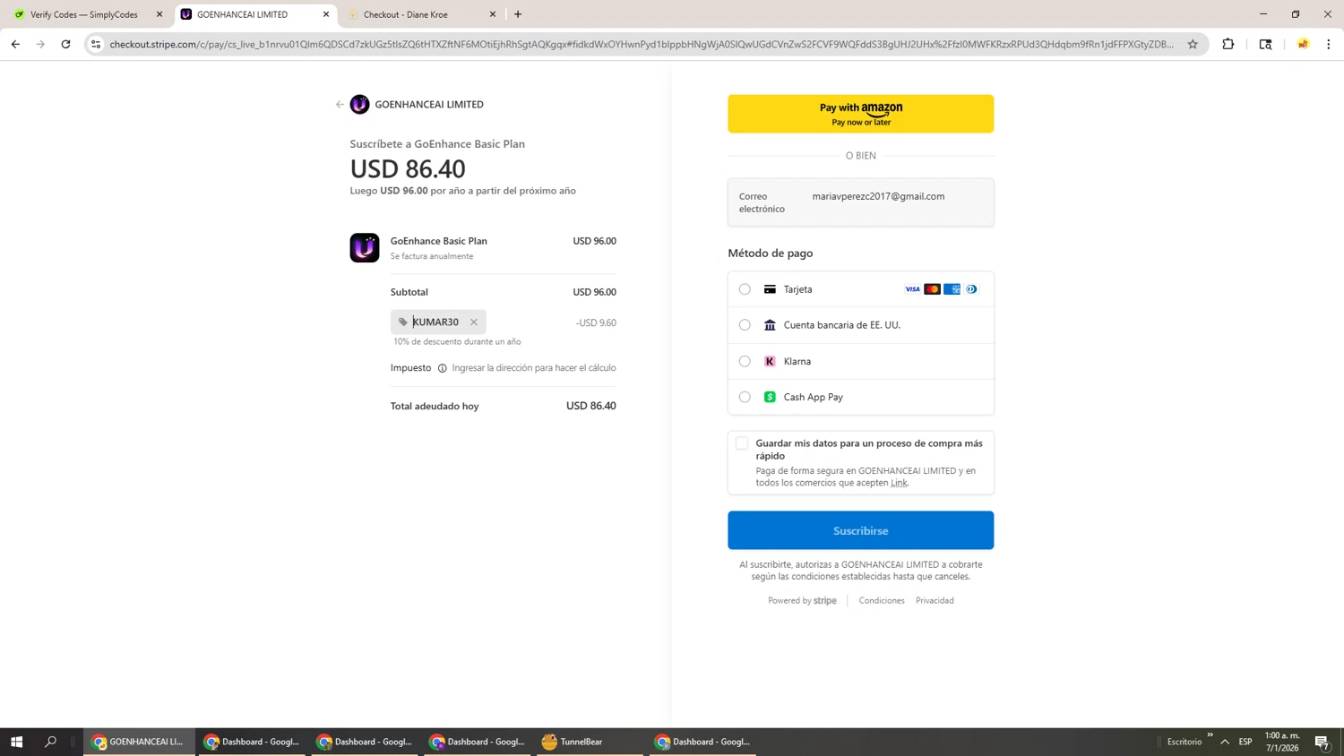 GoEnhance AI checkout page showing GoEnhance AI promo code box | Screenshot taken by SimplyCodes community member on Jan 7, 2026