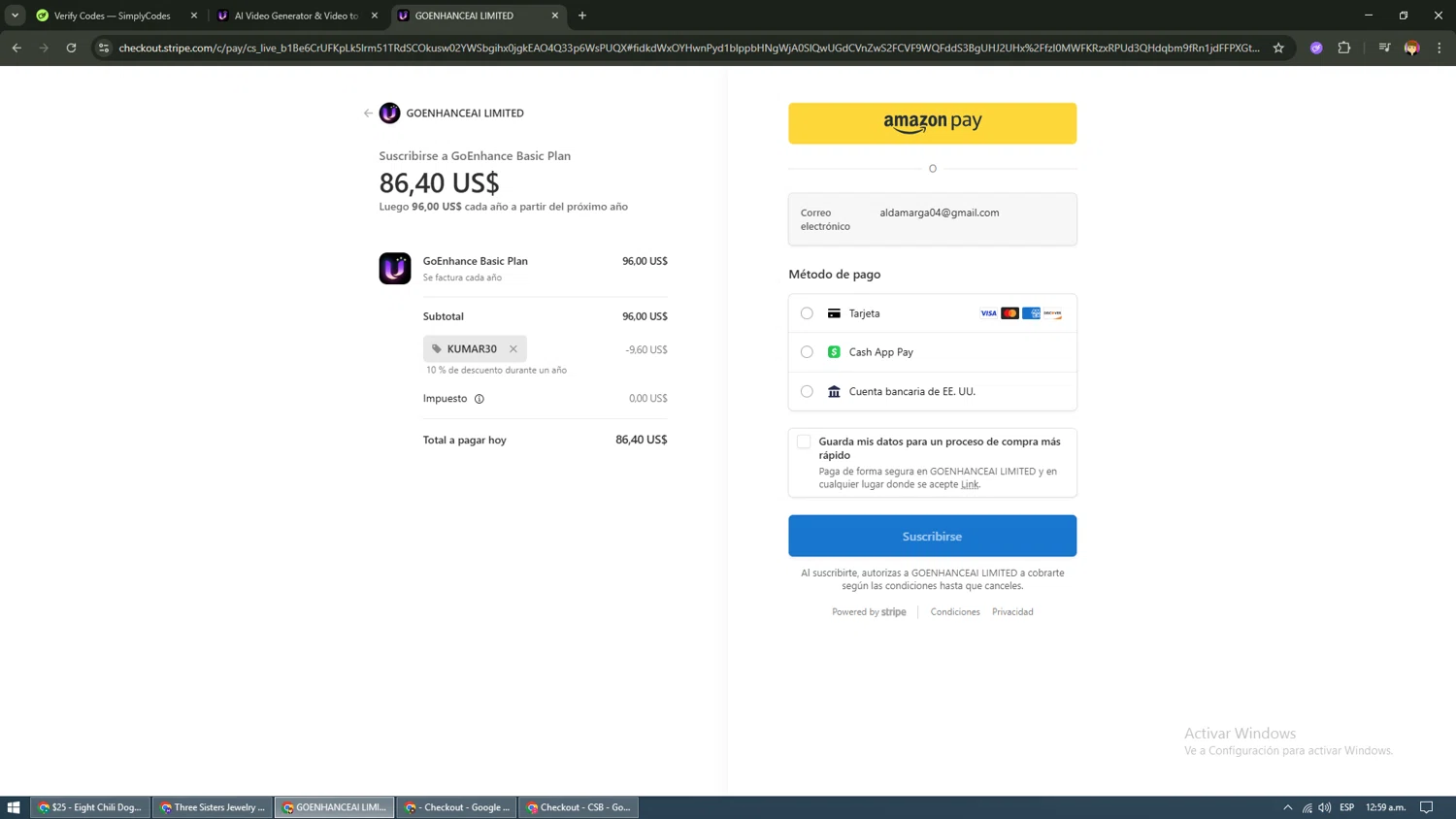 GoEnhance AI promo code screenshot showing code KUMAR30 applied at GoEnhance AI checkout page. Uploaded by SimplyCodes community member hobbss on Jan 7, 2026