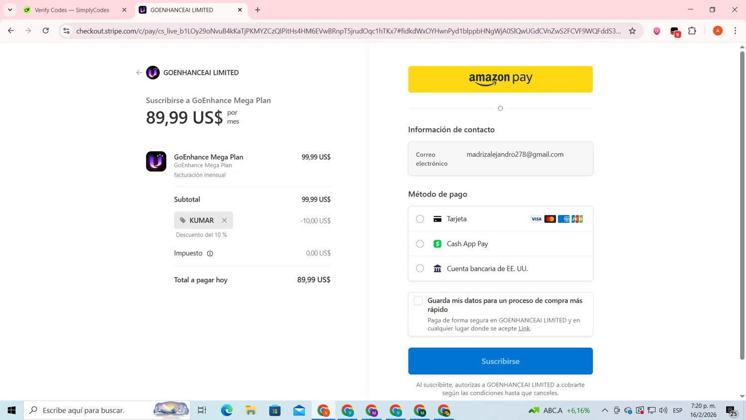 GoEnhance AI checkout page showing GoEnhance AI promo code box | Screenshot taken by SimplyCodes community member on Feb 16, 2026