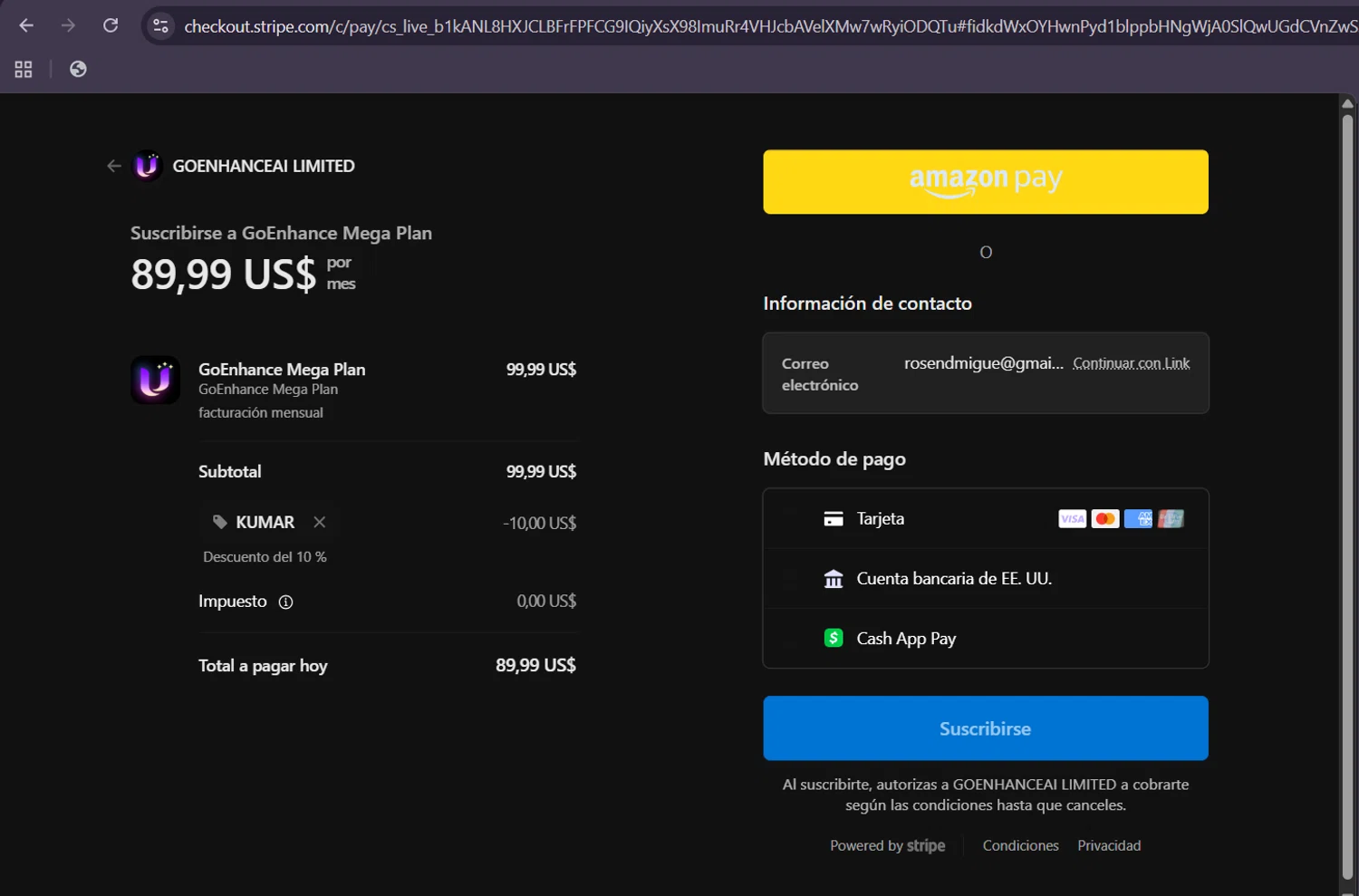 GoEnhance AI promo code screenshot showing code KUMAR applied at GoEnhance AI checkout page. Uploaded by SimplyCodes community member ScanHunter7116 on Feb 4, 2026