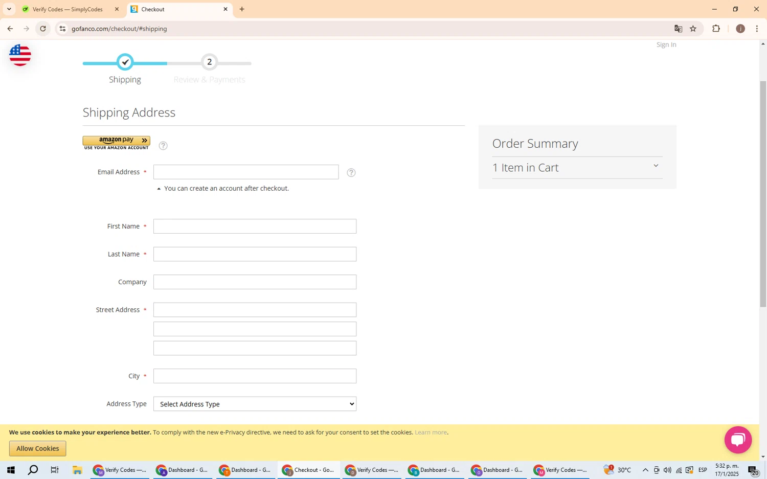 Gofanco coupon code screenshot showing code NEW10 applied at Gofanco checkout page. Uploaded by SimplyCodes community member GoldChaser6000 on Jan 17, 2025