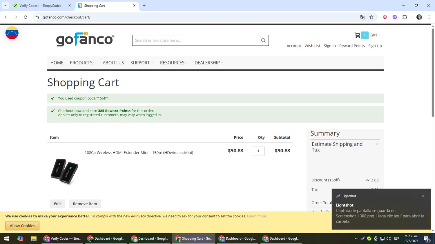 Gofanco coupon code screenshot showing code 15off applied at Gofanco checkout page. Uploaded by SimplyCodes community member CleverLynx6871 on Jun 13, 2025