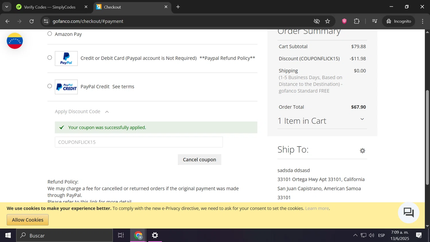 Gofanco coupon code screenshot showing code COUPONFLICK15 applied at Gofanco checkout page. Uploaded by SimplyCodes community member Anderson on Jun 13, 2025