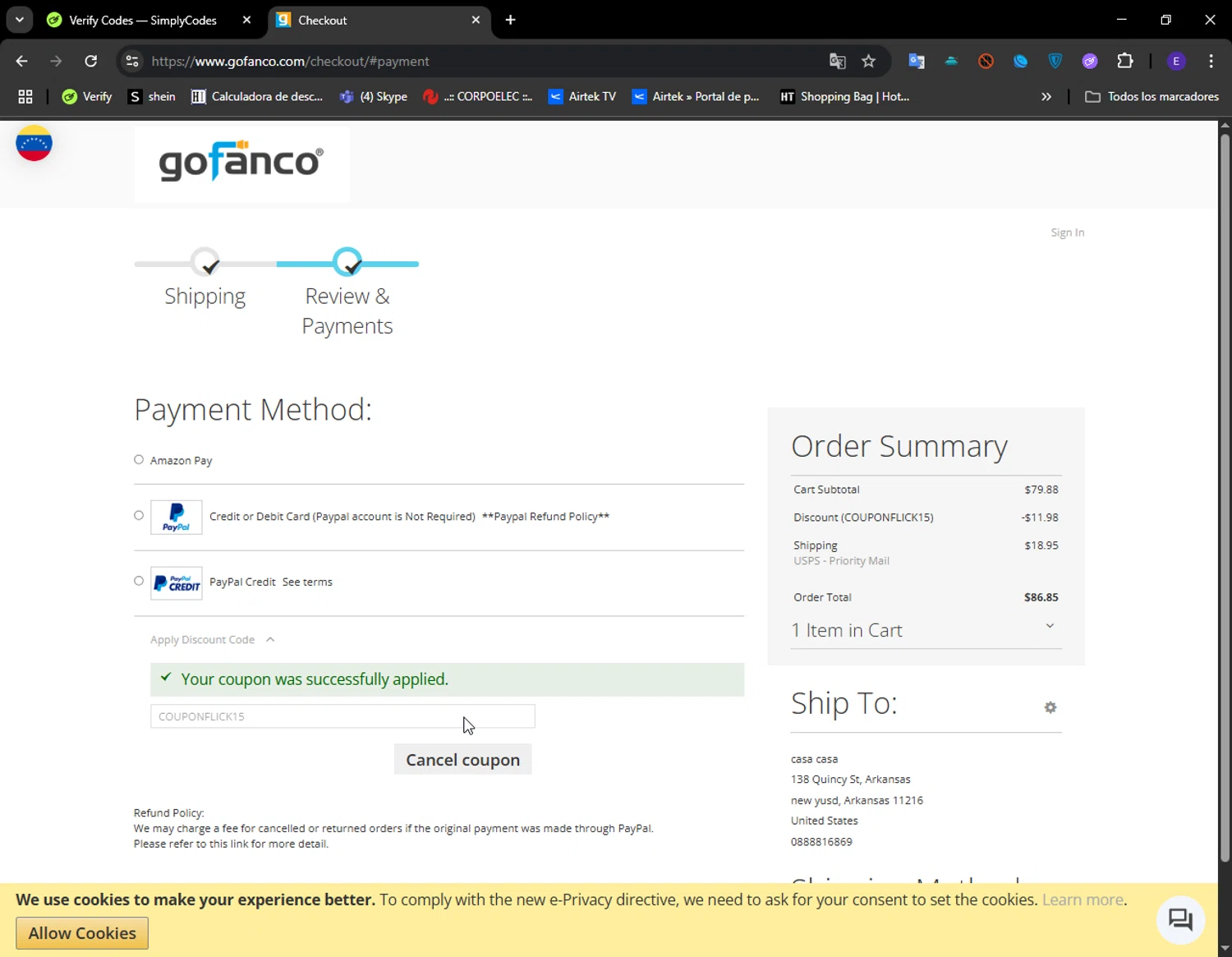 Gofanco coupon code screenshot showing code COUPONFLICK15 applied at Gofanco checkout page. Uploaded by SimplyCodes community member LuckyFinder274 on Jun 9, 2025