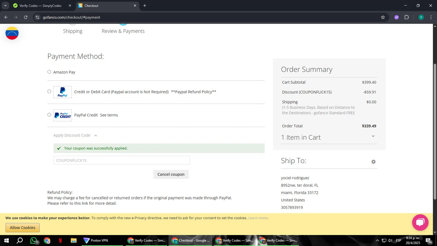 Gofanco coupon code screenshot showing code COUPONFLICK15 applied at Gofanco checkout page. Uploaded by SimplyCodes community member FrugalCaptain6906 on Apr 21, 2025