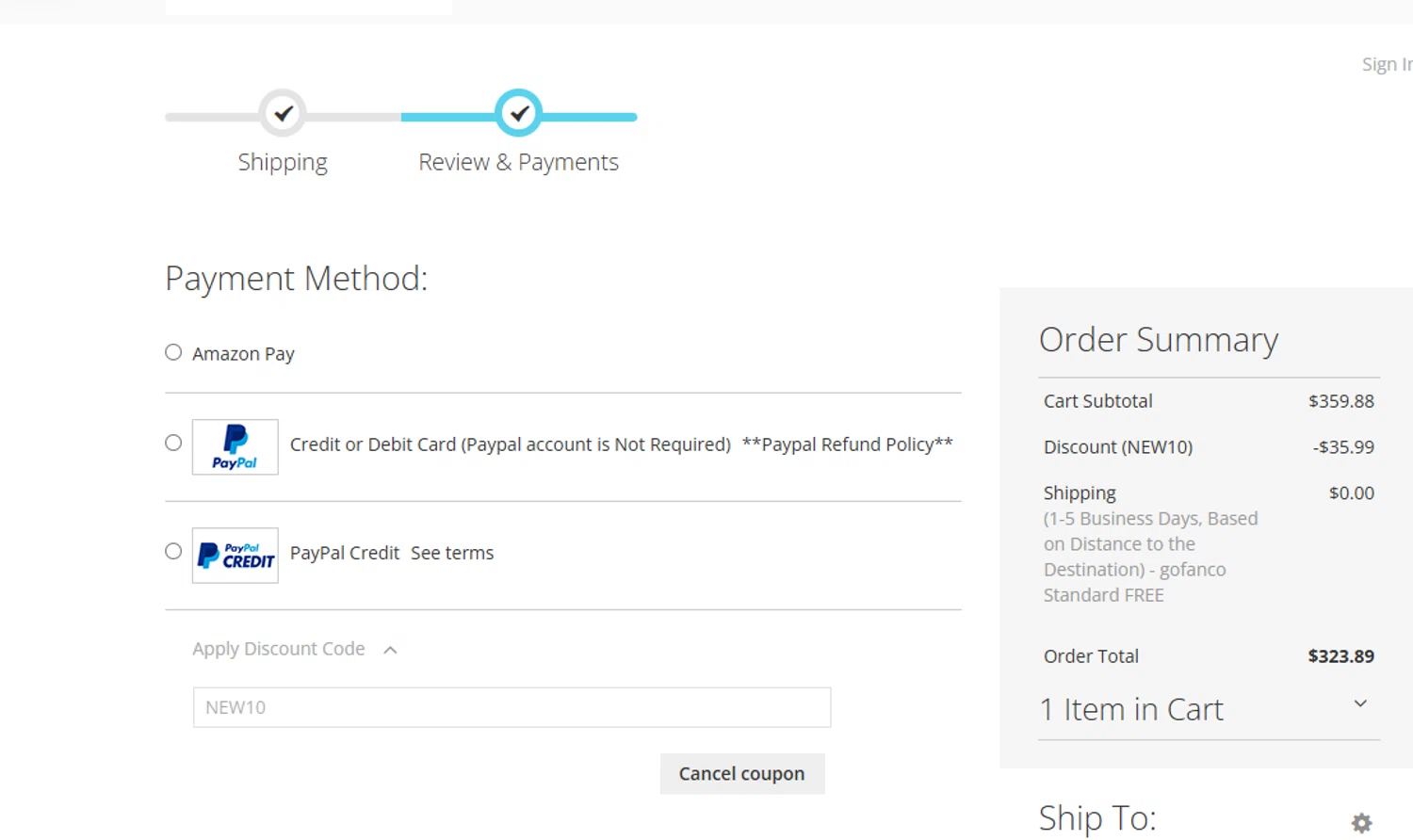 Gofanco coupon code screenshot showing code NEW10 applied at Gofanco checkout page. Uploaded by SimplyCodes community member ashe1986 on Aug 21, 2025