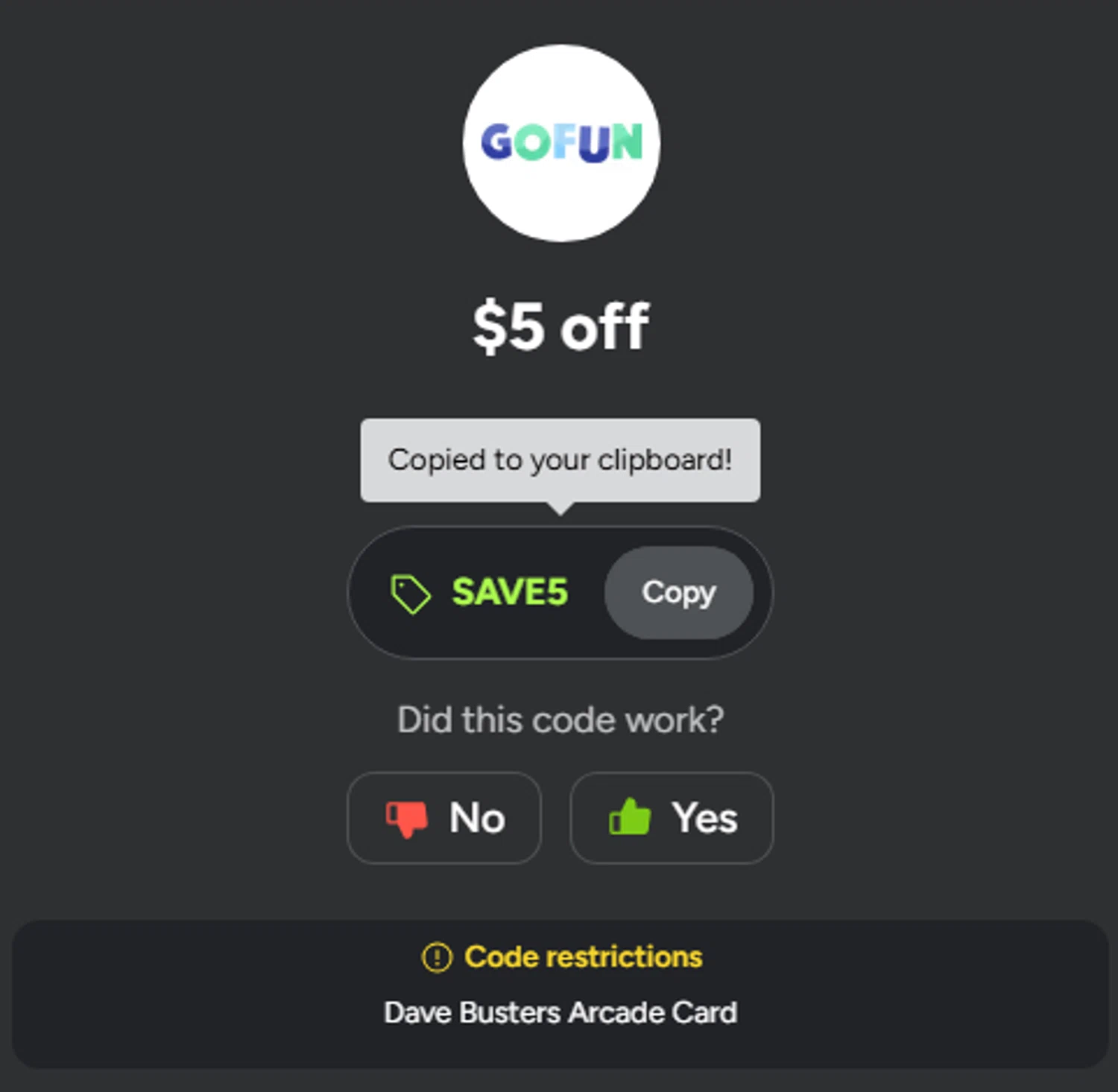 GoFun promo code screenshot showing code SAVE5 applied at GoFun checkout page. Uploaded by SimplyCodes community member SwiftShopper8601 on Oct 31, 2025