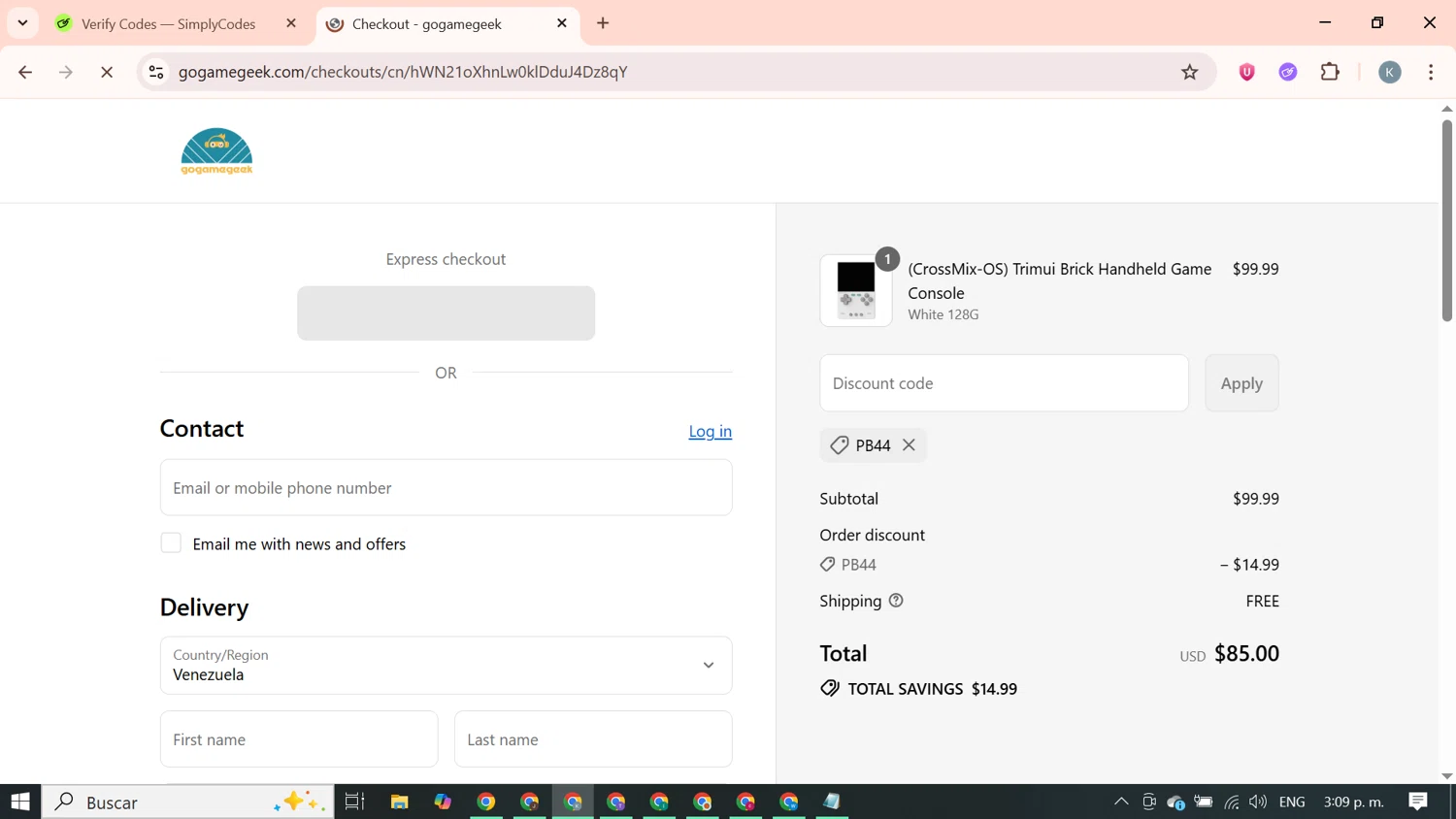 GOGAMEGEEK coupon code screenshot showing code Pb44 applied at GOGAMEGEEK checkout page. Uploaded by SimplyCodes community member SavingsBoss9912 on Aug 20, 2025