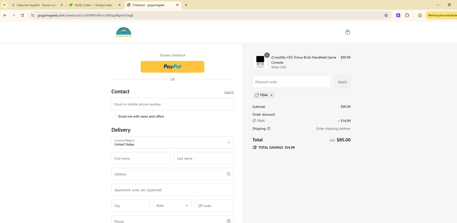 GOGAMEGEEK coupon code screenshot showing code Pb44 applied at GOGAMEGEEK checkout page. Uploaded by SimplyCodes community member ScanGenius949 on Jul 26, 2025