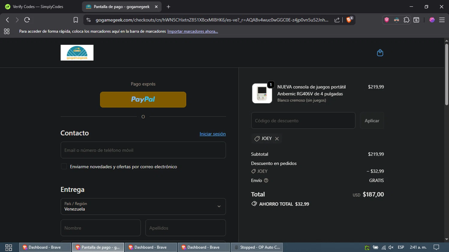 GOGAMEGEEK coupon code screenshot showing code JOEY applied at GOGAMEGEEK checkout page. Uploaded by SimplyCodes community member DazzLL on Nov 12, 2025
