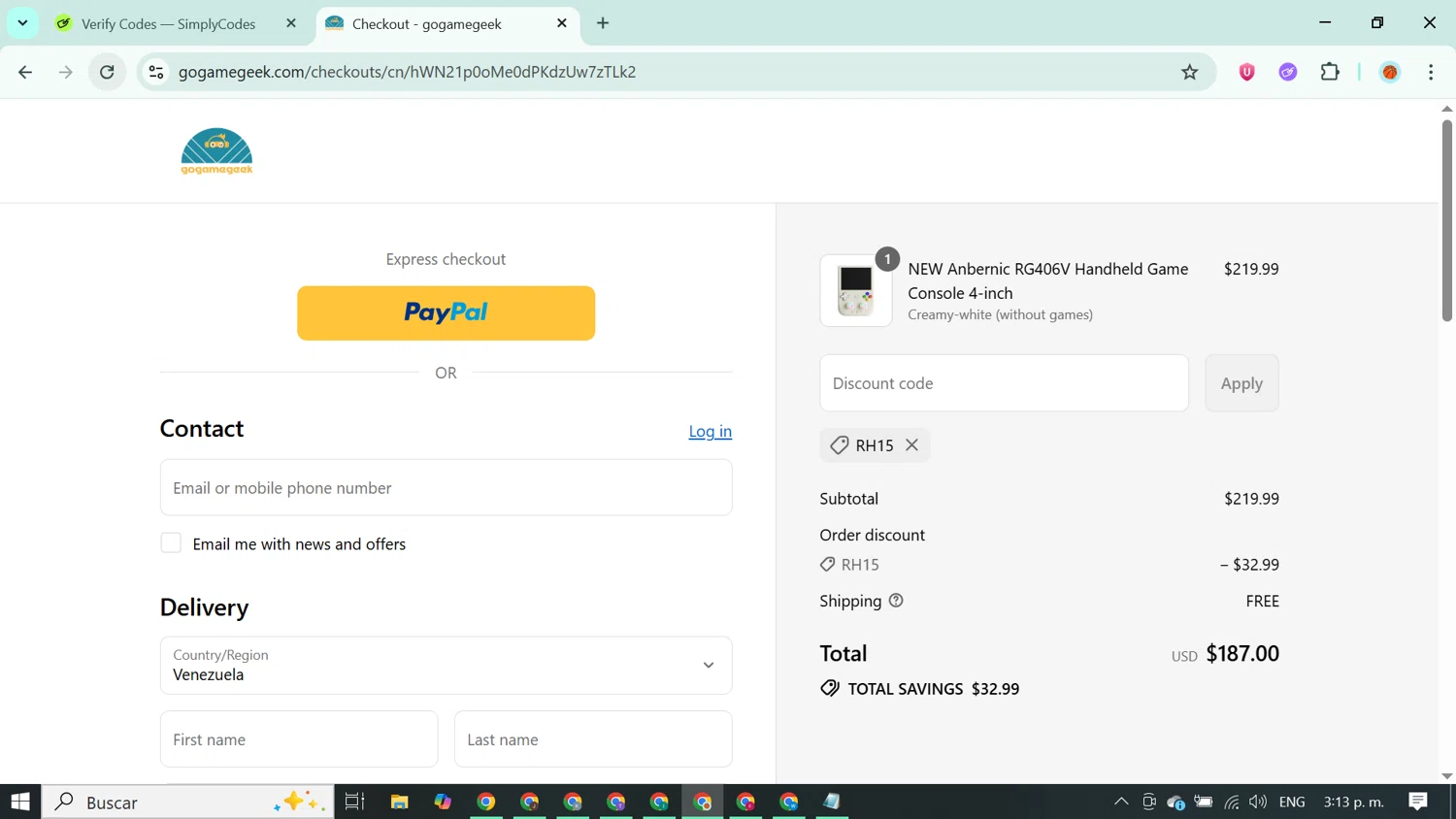 GOGAMEGEEK coupon code screenshot showing code RH15 applied at GOGAMEGEEK checkout page. Uploaded by SimplyCodes community member ABUSAMADRES_ on Aug 20, 2025