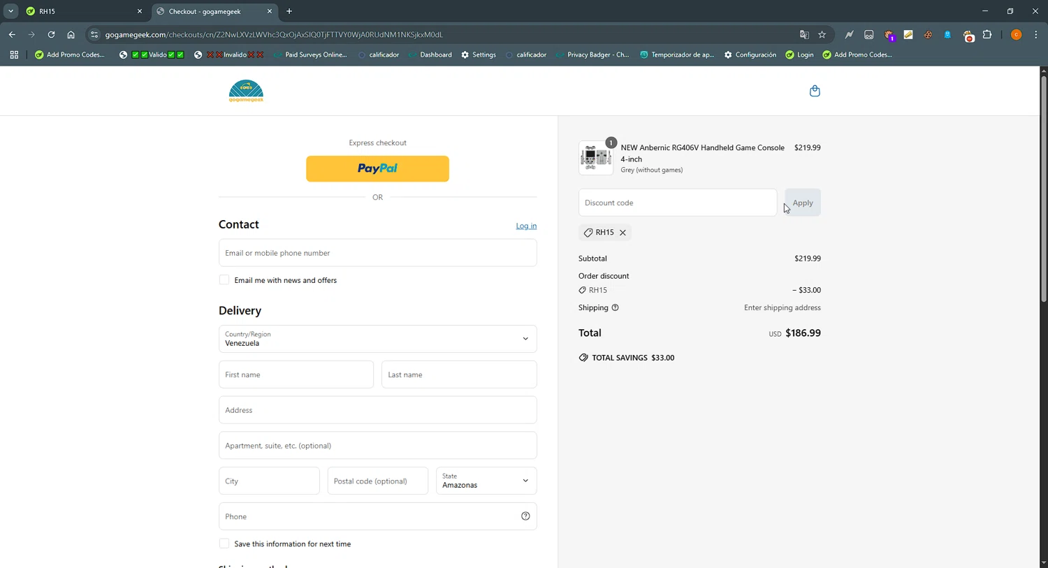 GOGAMEGEEK coupon code screenshot showing code RH15 applied at GOGAMEGEEK checkout page. Uploaded by SimplyCodes community member LOgoter on May 1, 2025